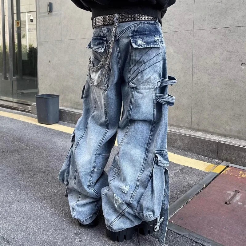 new 2025 Cyber Y2K Streetwear Washed Blue Baggy Ripped Cargo Jeans Pants For gallery