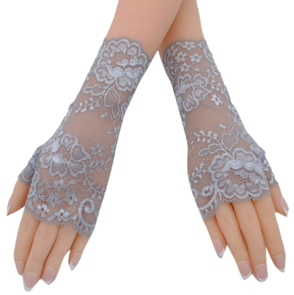 ‘s Grey Short Gloves Lace Sheer Wedding Bridal Gloves Summer (0-Gray/short lace)