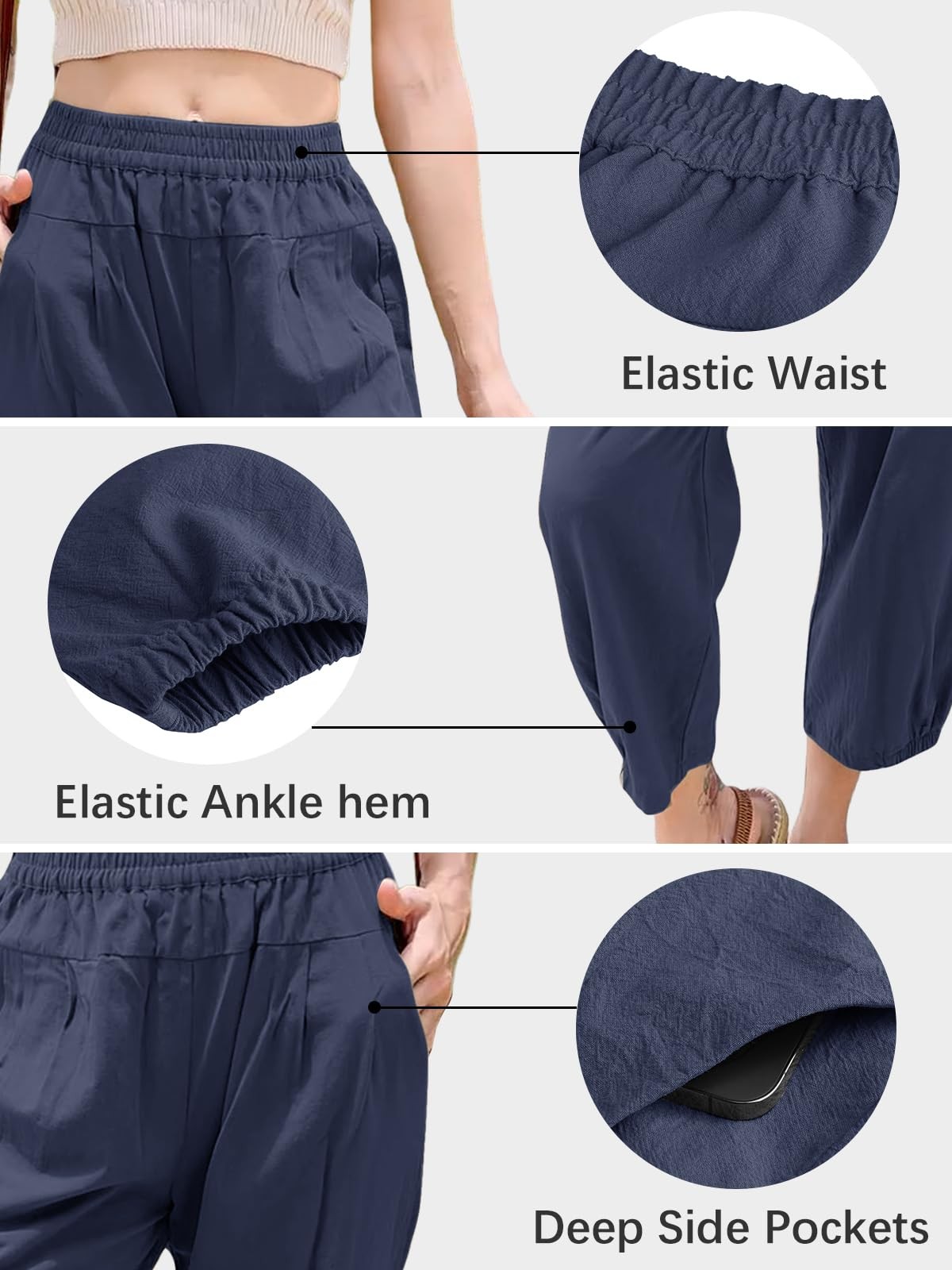 Womens Cropped Pants Cotton High Waist Wide Leg Capris Casual Harem Pants gallery