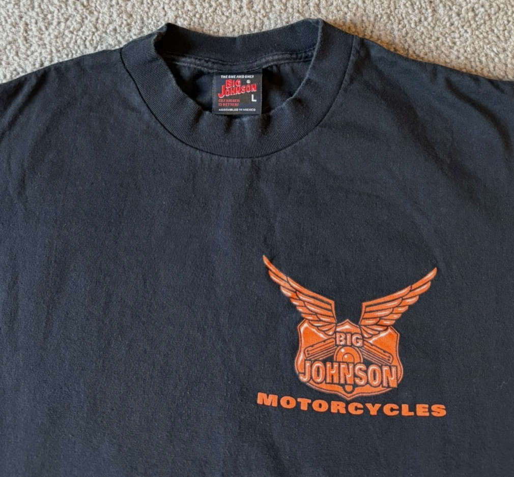 VTG 90s Big Johnson Motorcycles Black T-Shirt - Size Large gallery