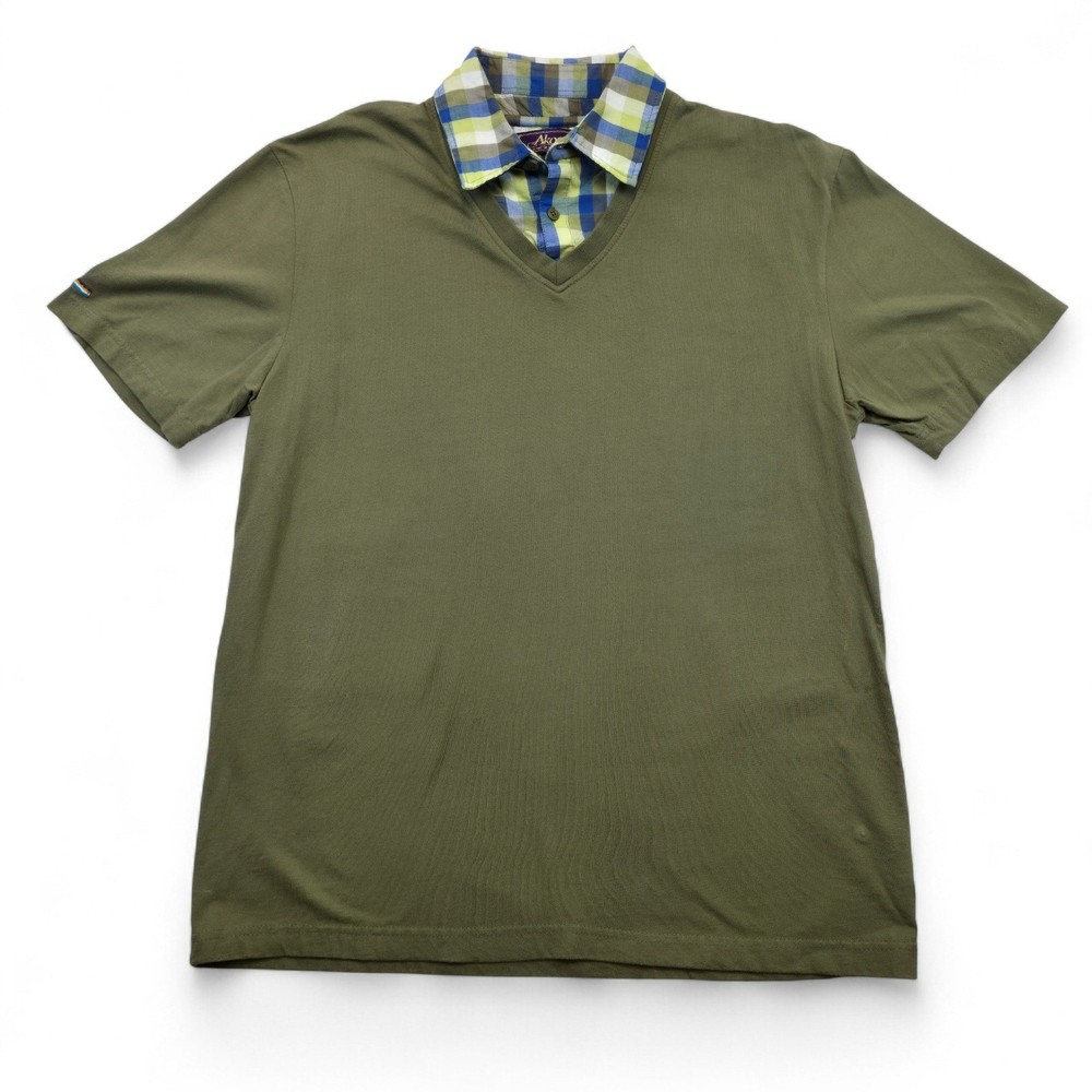 Akoo Run Alone Olive Green V-Neck Shirt Plaid Collar XL Streetwear Retro