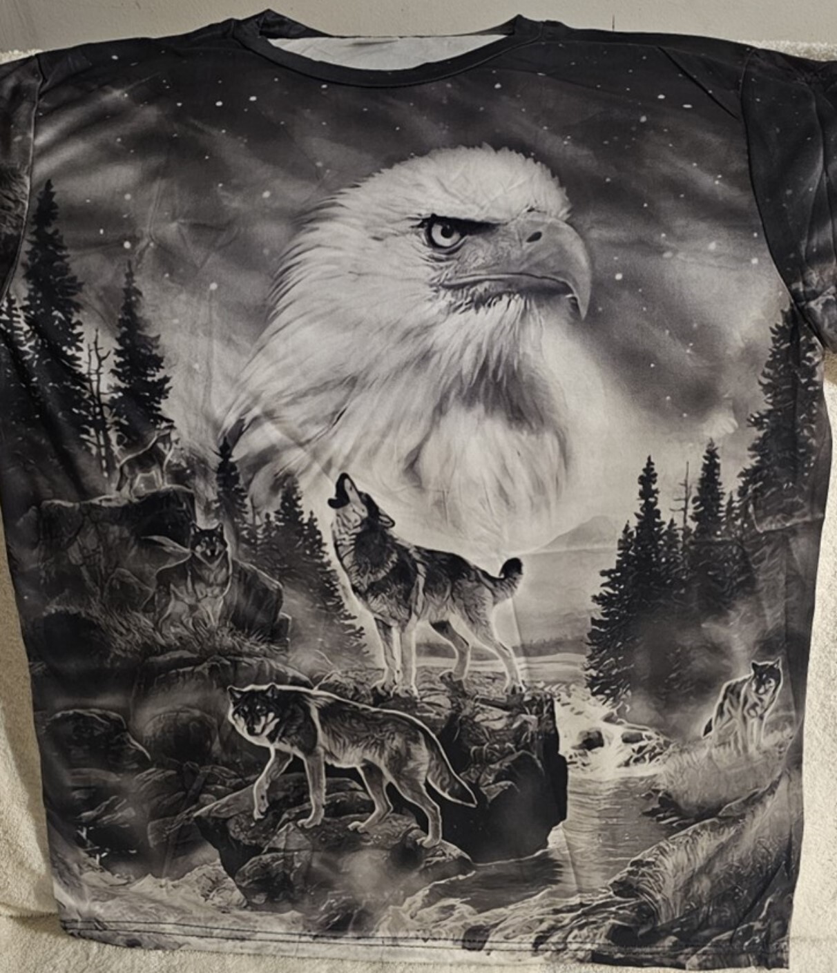 EAGLE WOLF WOLVES TREE FOREST WATER STARS SKY BIRD ANIMAL OUTDOOR T-SHIRT SHIRT gallery