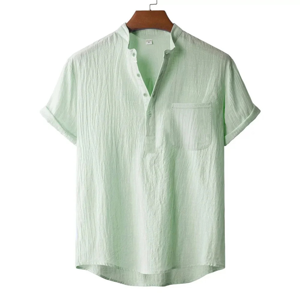 Men's Summer Cotton Linen T-shirt Beach Style Short SLeeve Henley Neck Vacation gallery