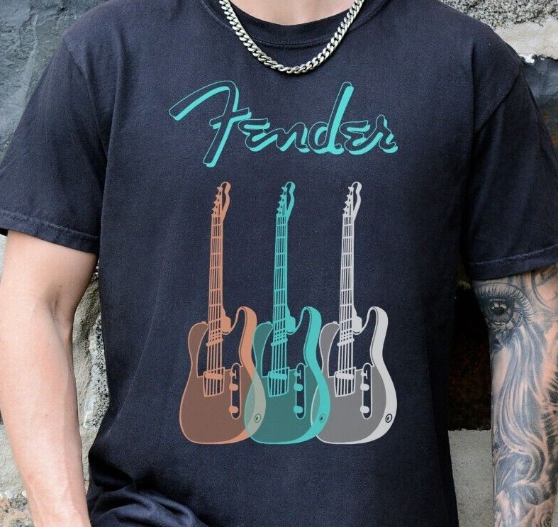 Fender Stratocaster Guitars T-Shirt on Vintage Black Comfort Colors 1717 Tee gallery