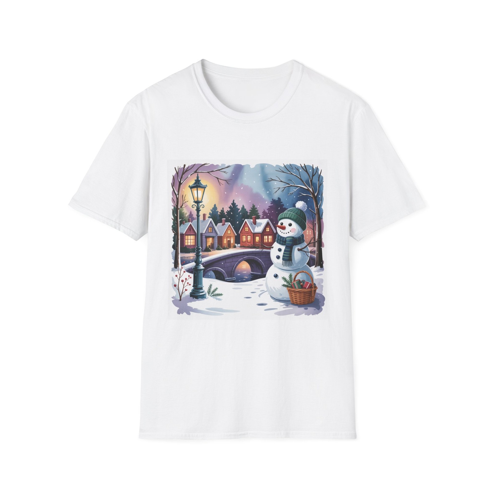 Snowman by Lantern T-Shirt | Winter Village Scene, Snowy Bridge