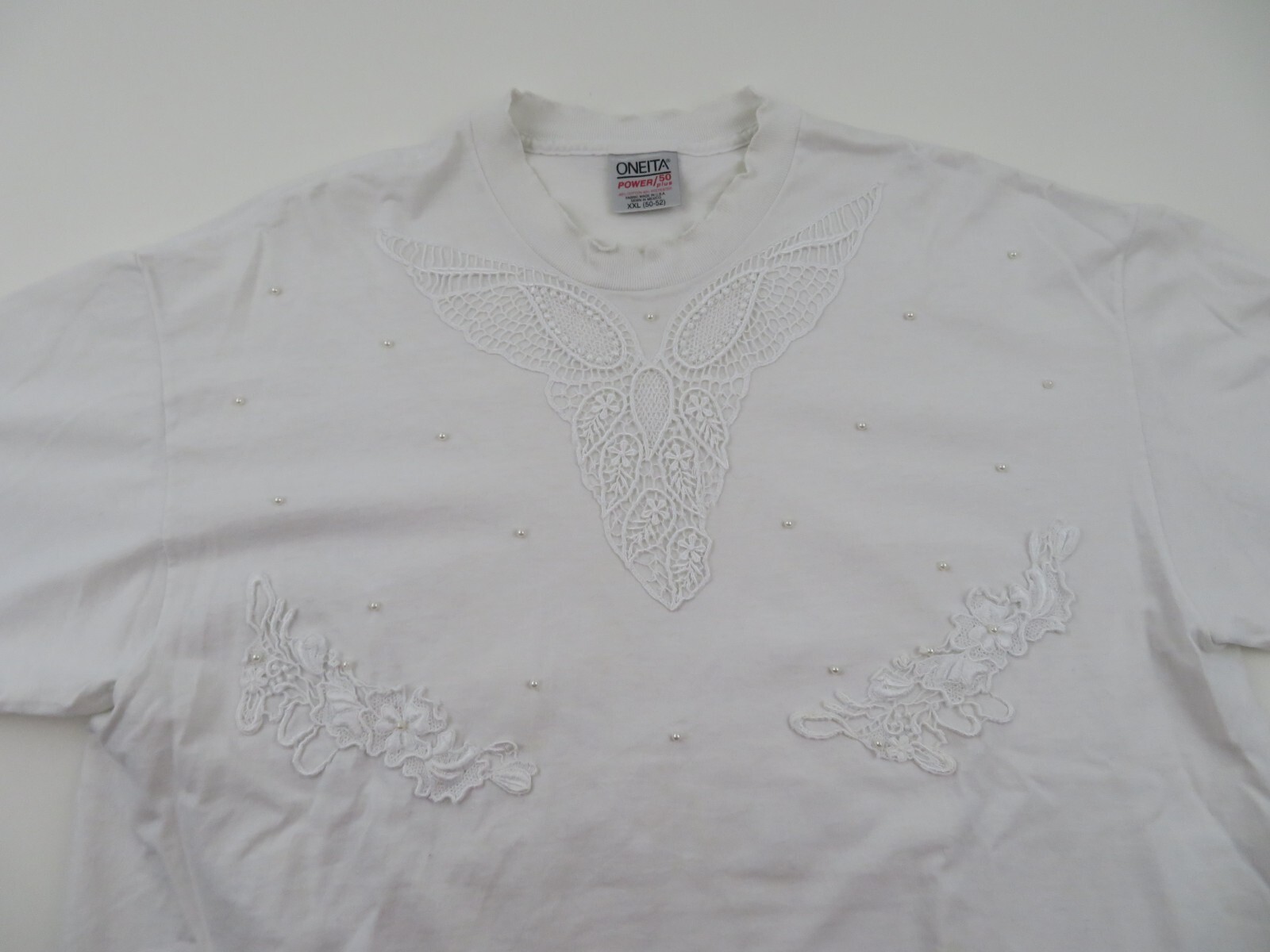 VTG 80s Oneita T-Shirt Mens XXL Single Stitch Lace Beads Embroidered 3D Graphic gallery