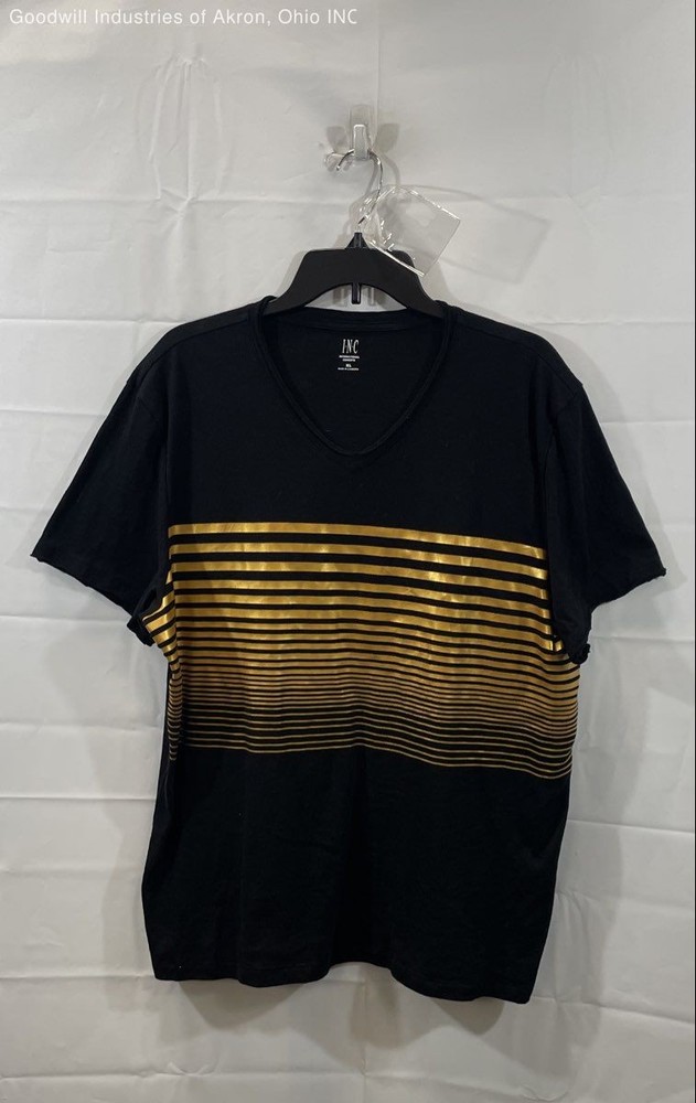 INC International Concepts Men’s Black Gold Metallic Striped V-Neck T-Shirt XL