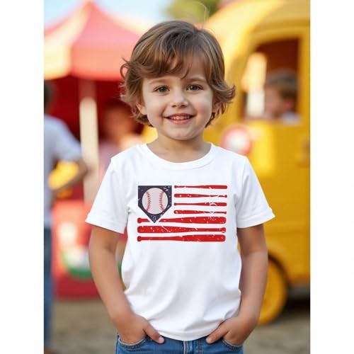 Toddler Boy Baseball Shirt Baseball Bat Flag Print T-Shirt 5-6 Years White gallery