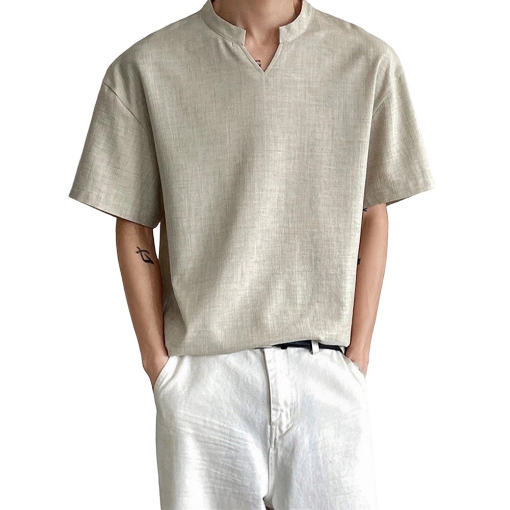 Loose Fit Men's T-Shirt Imitation Linen V Neck Short Sleeve Summer Top gallery