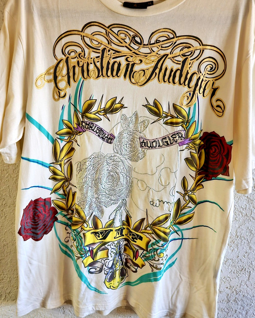 Y2K Christian Audigier Ed Hardy VIF XL Cream T-Shirt Beaded Stitched Stored New gallery