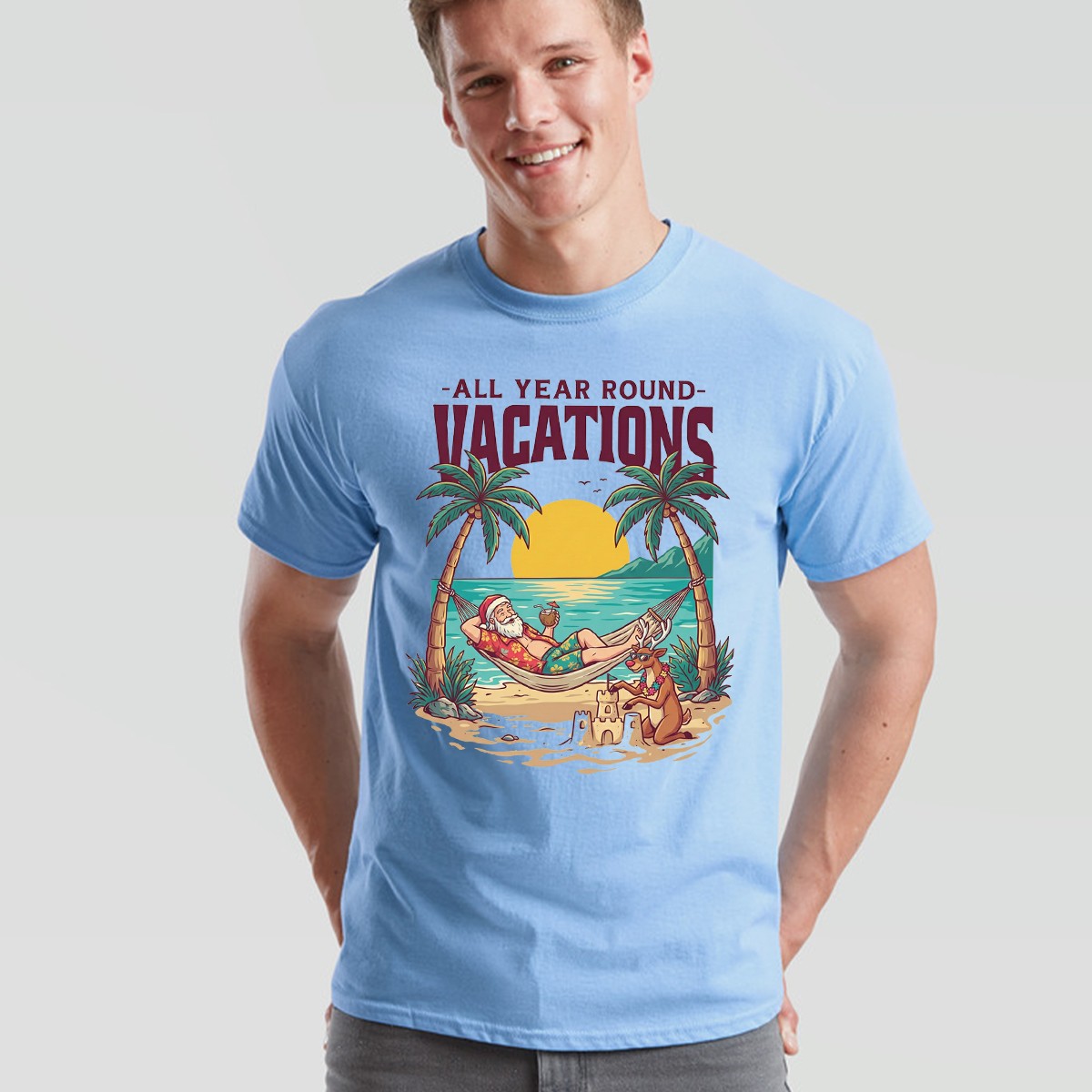 All Year Round Vacations Christmas Santa Reindeer Beach Graphic Unisex Tee gallery