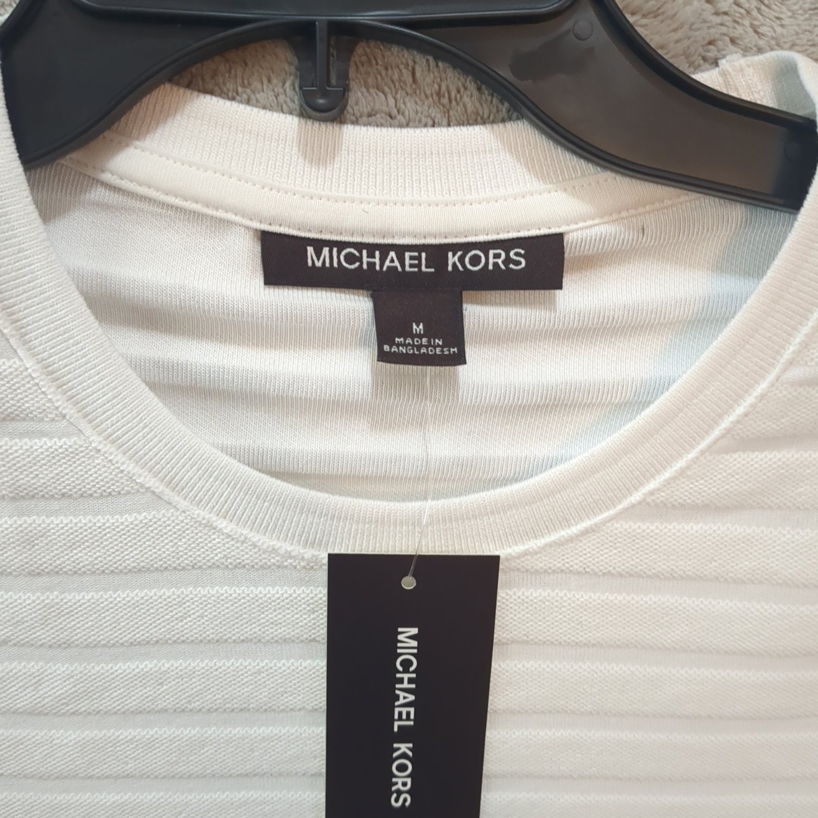 NWT Michael Kors Mens M White Horizontal Ottoman Ribbed Texture Crewneck T-Shirt gallery