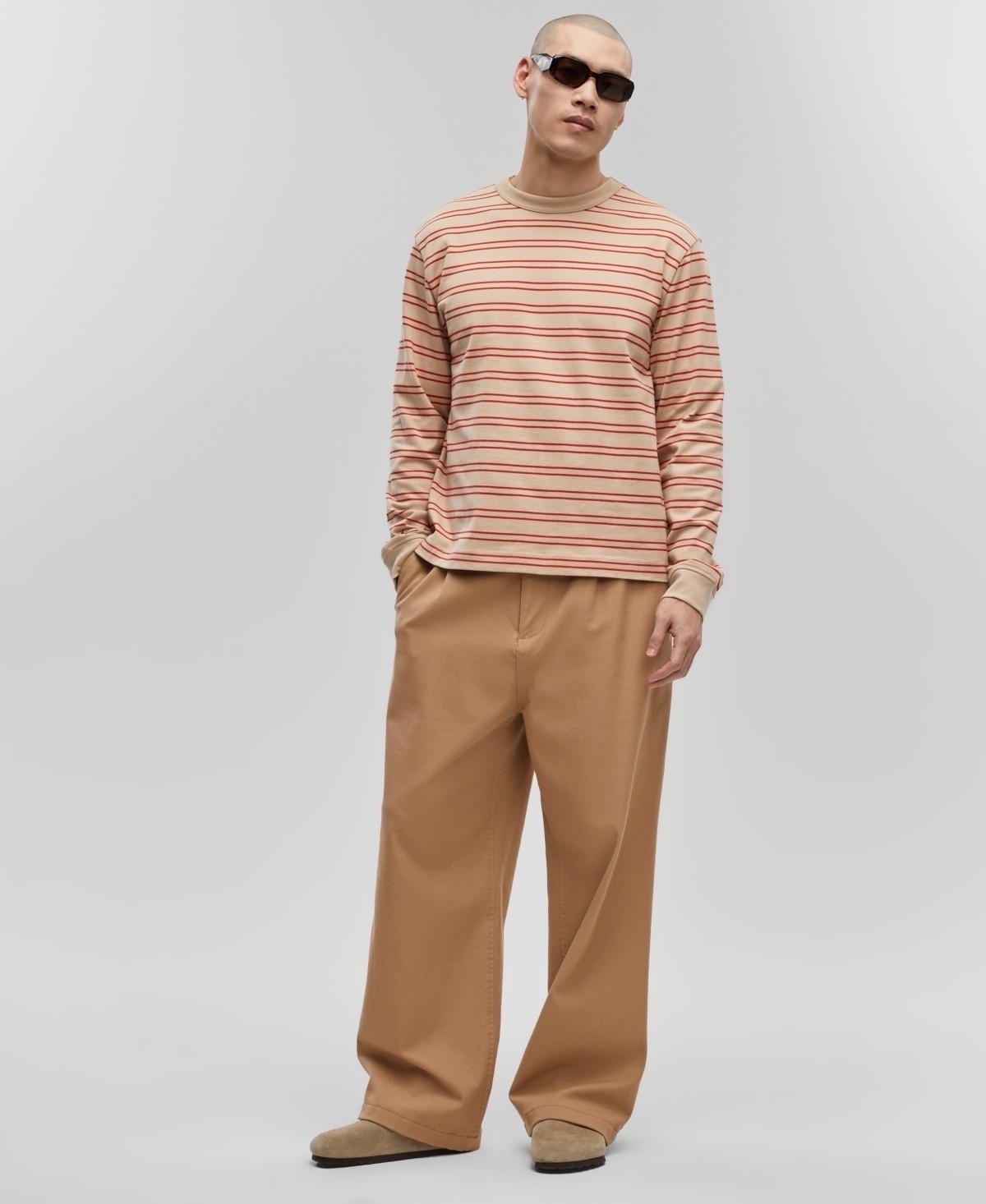 Mode of One Mens Long Sleeve Relaxed Fit Stripe TShirt in Cinnamon Brûlée size S gallery