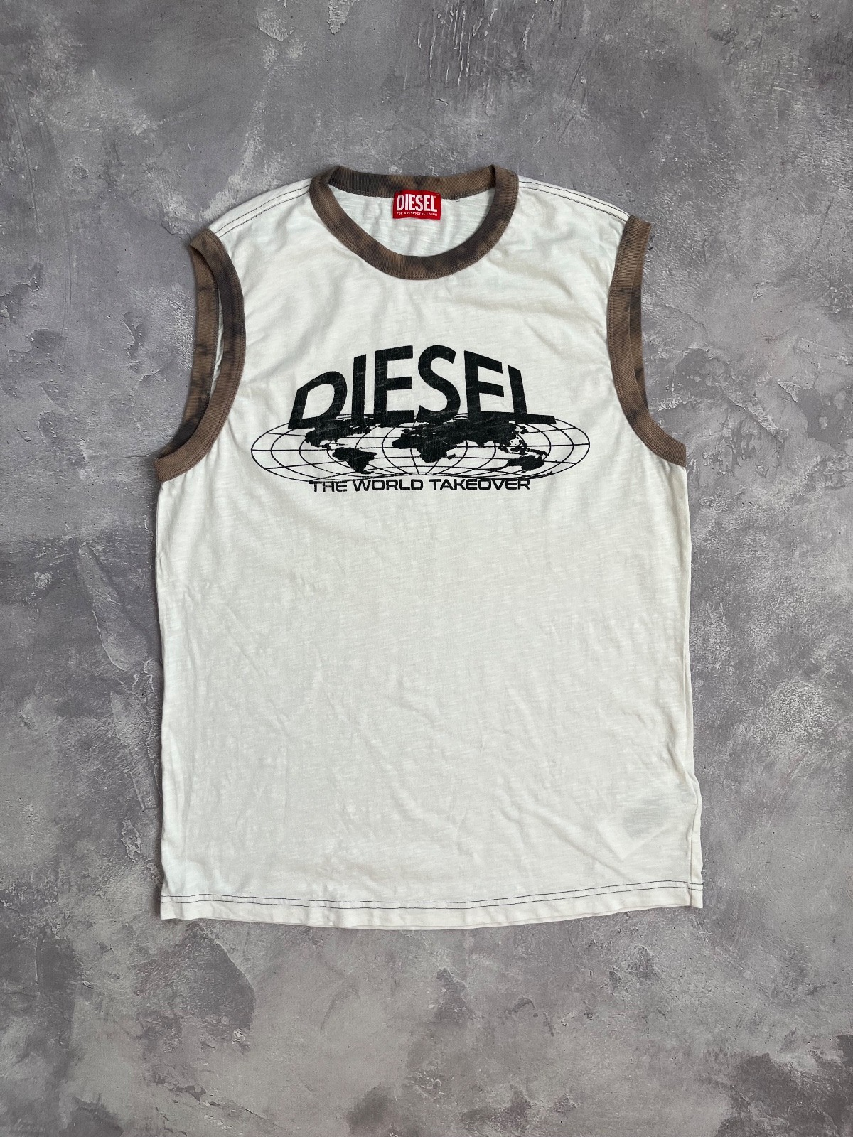 Diesel The World Takeover Ringer Tank Top Mens Large White Brown Graphic Vest L