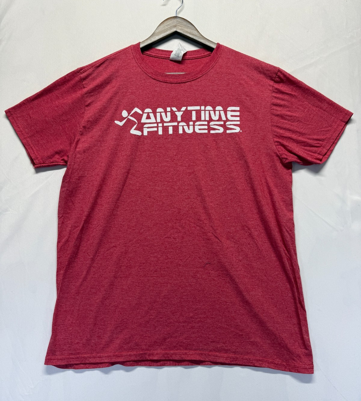 Gildan Softstyle T Shirt Men Large Heather Red Graphic Anytime Fitness Ring Spun