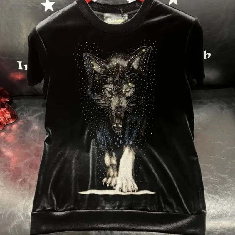 New Fashion Trend Wolf Hot Diamonds Rhinestones Black Summer Luxury Men T-Shirt