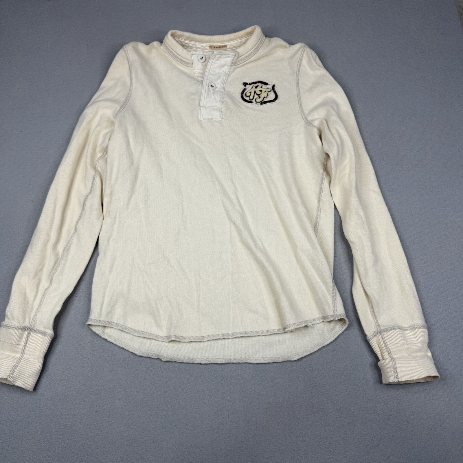 Vintage Abercrombie & Fitch Muscle fit Henley Thermal Cream Logo Y2K Preppy L gallery