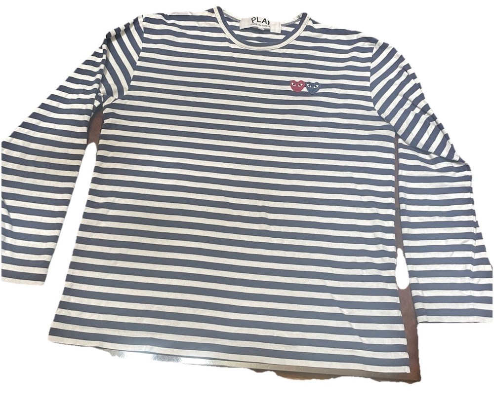 Comme des Garcons Play Striped Long Sleeve Double Heart Navy White XL Tee Japan