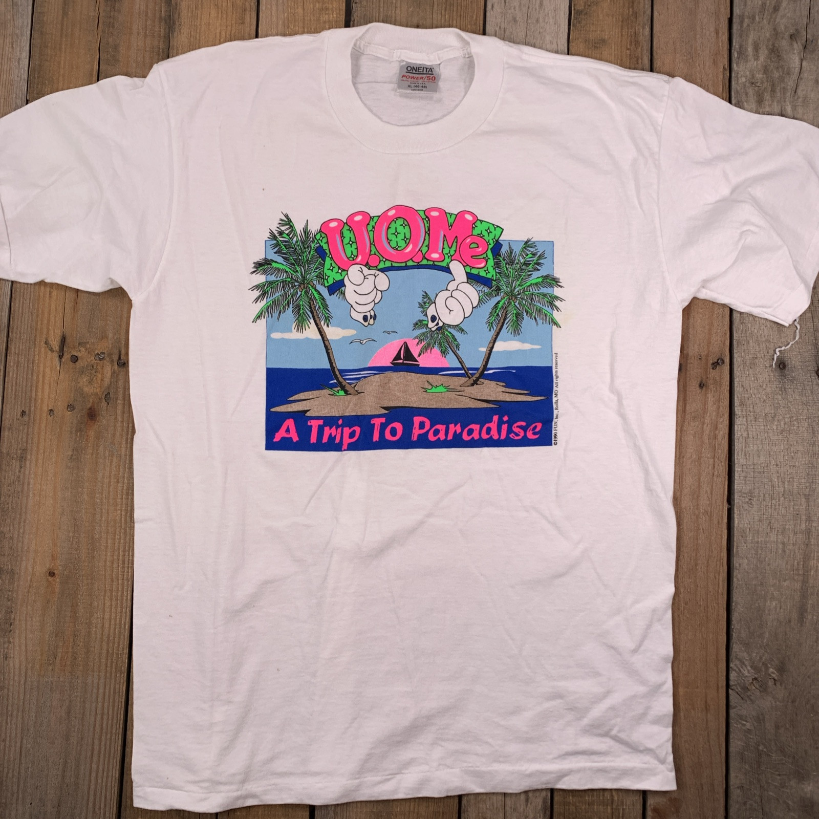 U.O.Me A Trip To Paradise Vacation Beach Ocean Vintage 1990 T-Shirt Size XL gallery