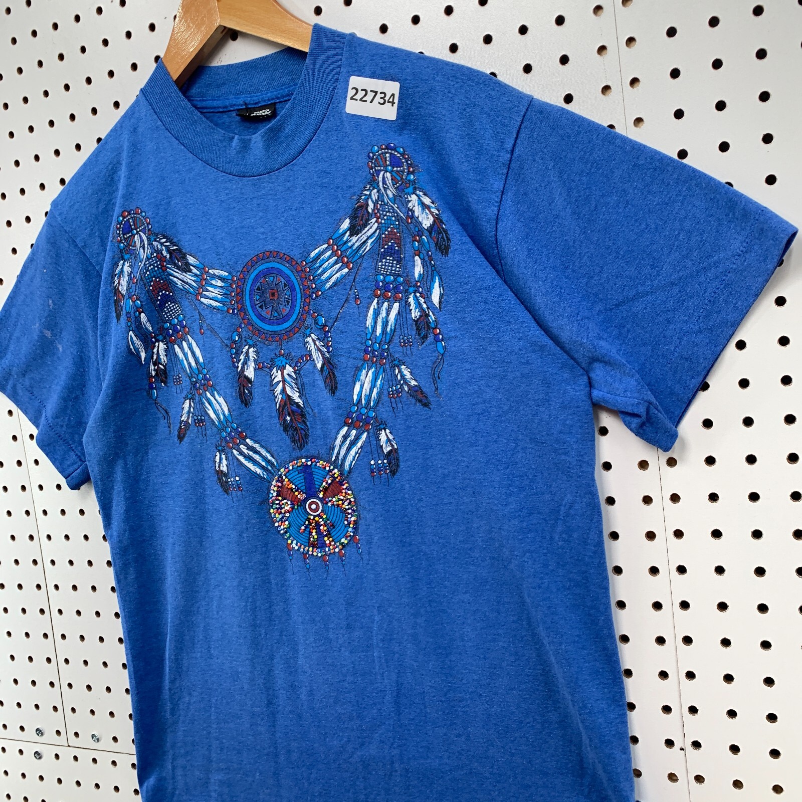 Vintage 90s Indian Dream Catcher Shirt Blue Men Medium Beaded 19x27 gallery