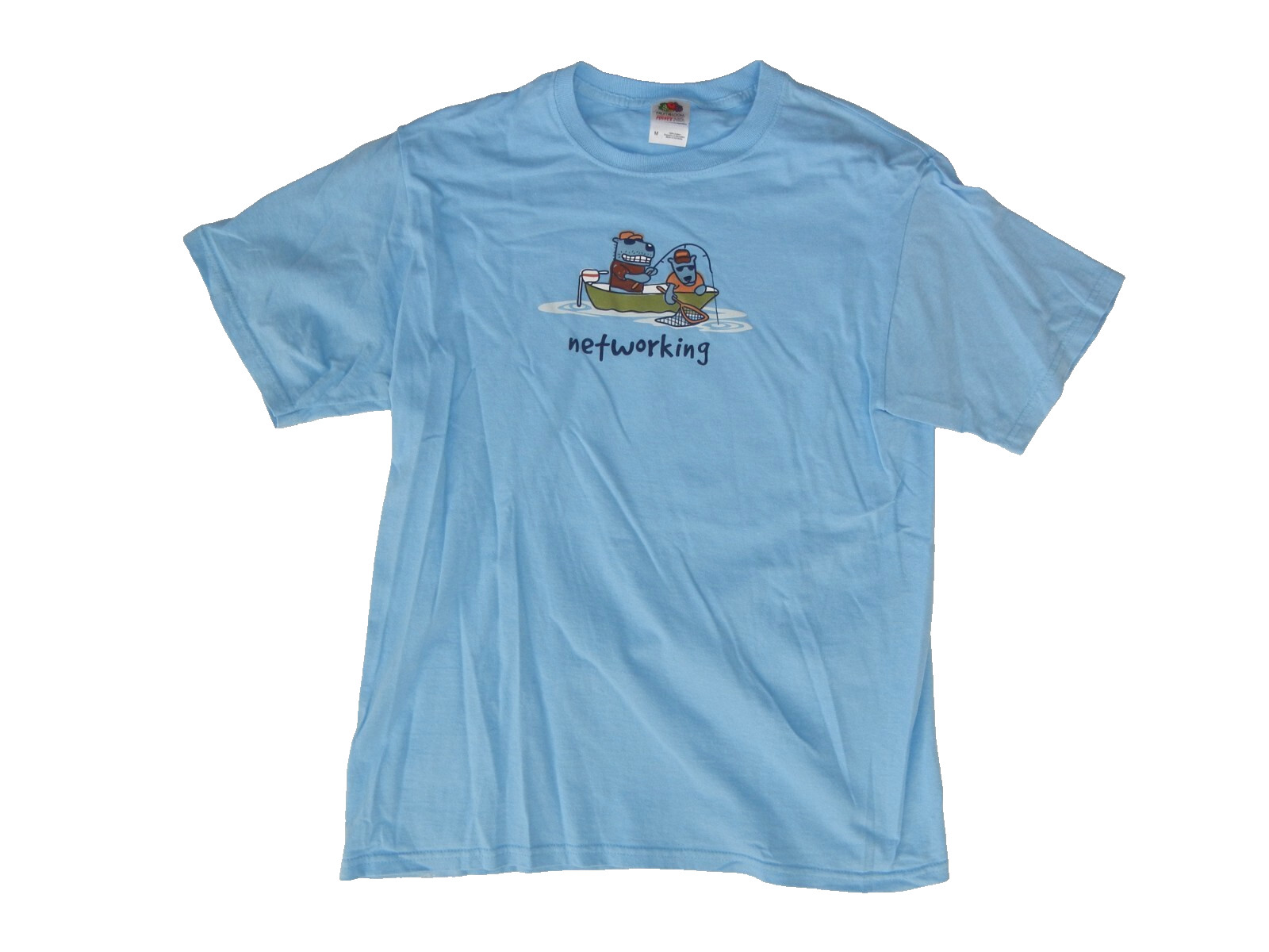 “NETWORKING” Blue Cotton FISHING BOAT T-SHIRT Funny Fisherman Joke Gear Adult M