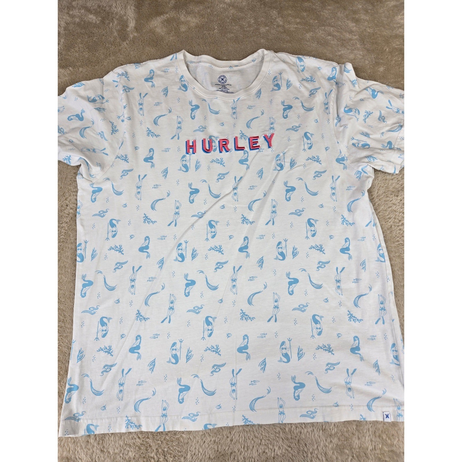 Hurley Mens XXL White Mermaid Print T-Shirt Embroidered Pink Logo Short Sleeve gallery
