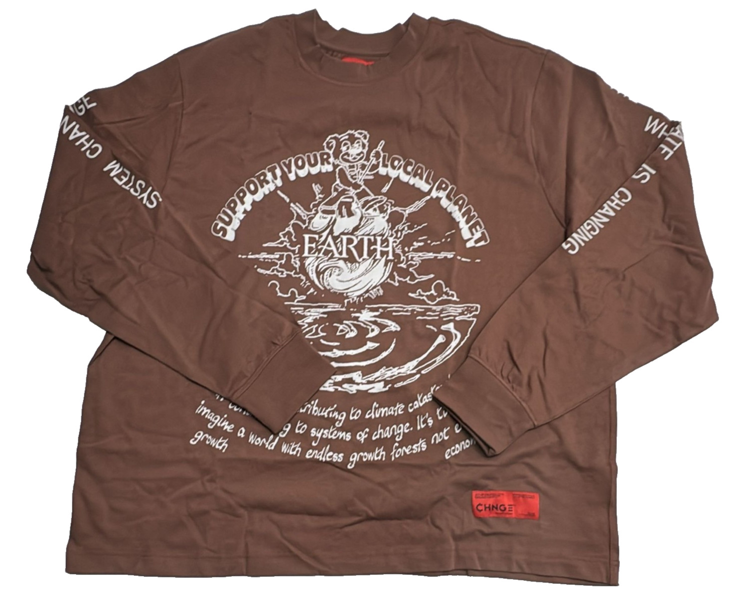 CHNGE Men's Support Earth Casual Crew Neck Cuff Long Sleeve T-Shirt, Brown, XL gallery
