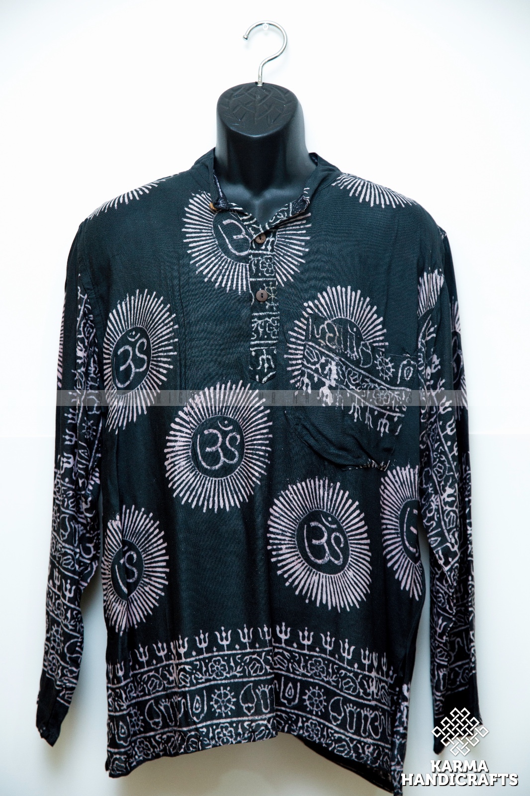 M-3XL NEW BOUTIQUE Hippie Om Yoga Top Collarless Cotton Kurta Black Shirt Nepal