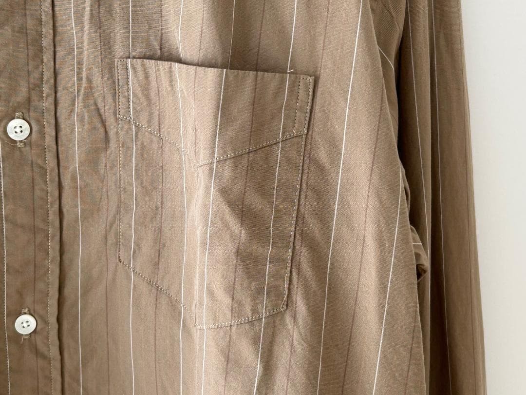 PHIGVEL 22AW Band Collar Shirt Khaki Beige Stripe Size 3 gallery