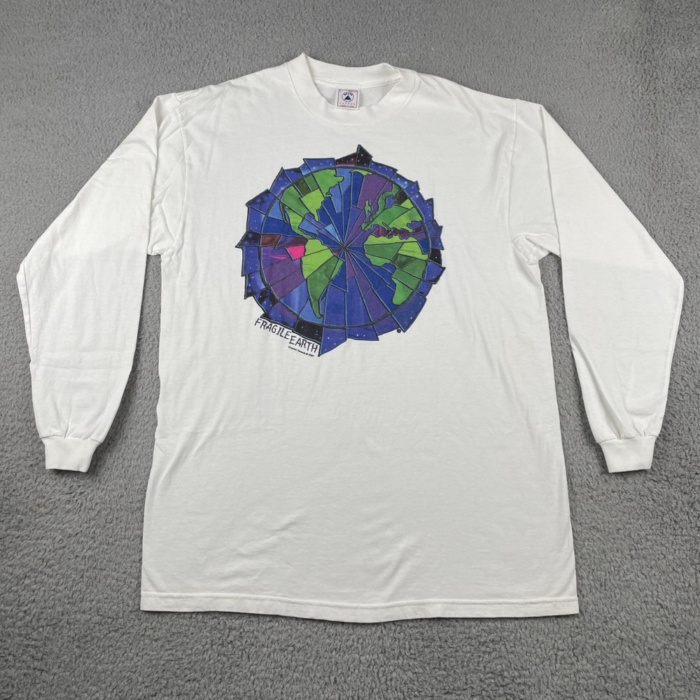 Vtg Delta Large White Shirt Fragile Earth Common Threads 90s Made In USA Art Tee