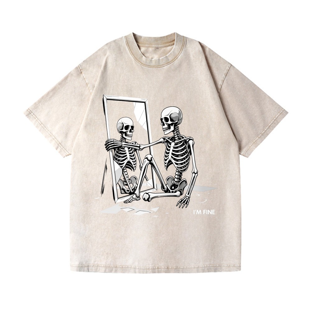 Funny Sarcastic "I'm Fine" Skeleton Graphic Washed Streetwear T-Shirt gallery