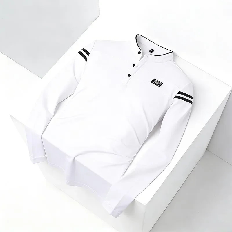 Men Stand Collar Long Sleeve Polo Shirt Stripe Accent Soft Breathable For Busine gallery