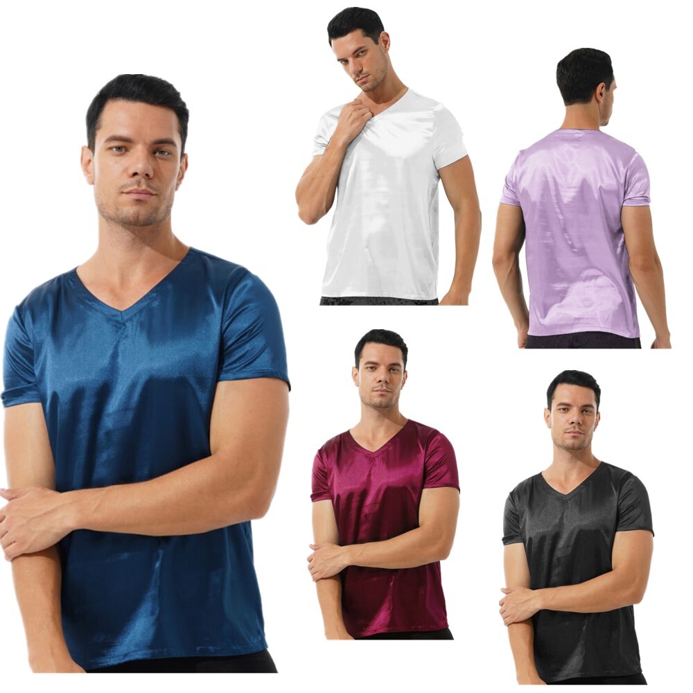 US Men Satin Silk Short Sleeve V-Neck T-Shirt Tee Blouse Nightwear Sleepwear gallery