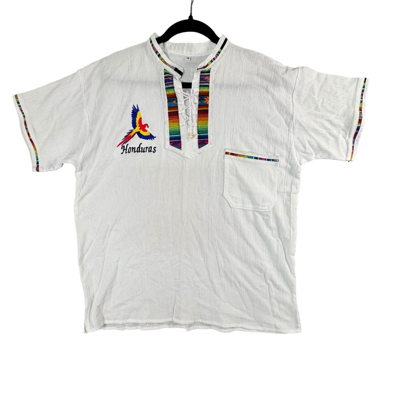 Honduras Embroidered Tunic Shirt Mens M White Parrot Resort Boho Guayabera