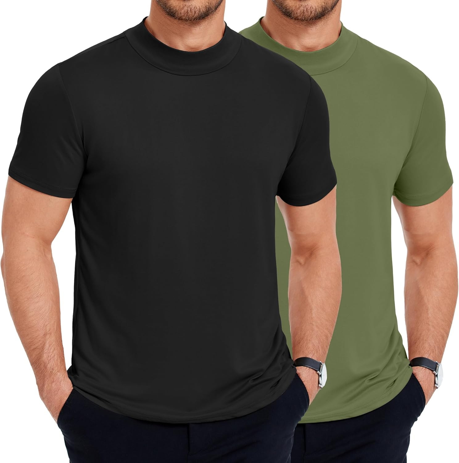 Men'S Mock Neck T Shirt Short Sleeve Slim Fit Basic Casual T-Shirts Solid Color gallery