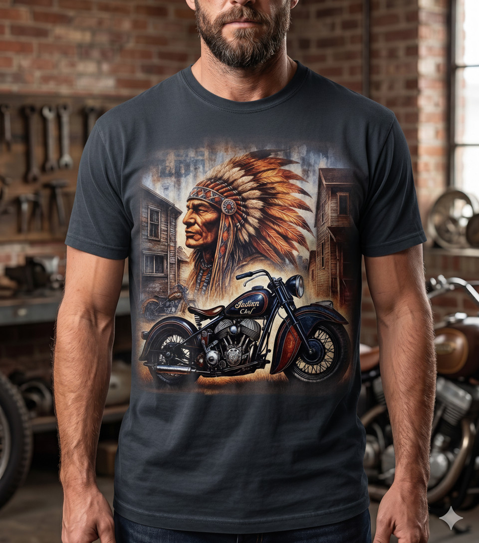 Vintage Indian Motorcycle T-Shirt Native American Chief Dark Blue Biker Tee gallery