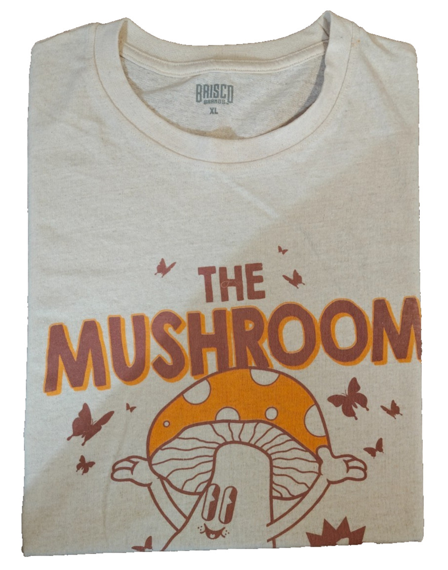 Brisco Men’s Light Yellow Short Sleeve Mushroom Fan Club T-Shirt Size XL