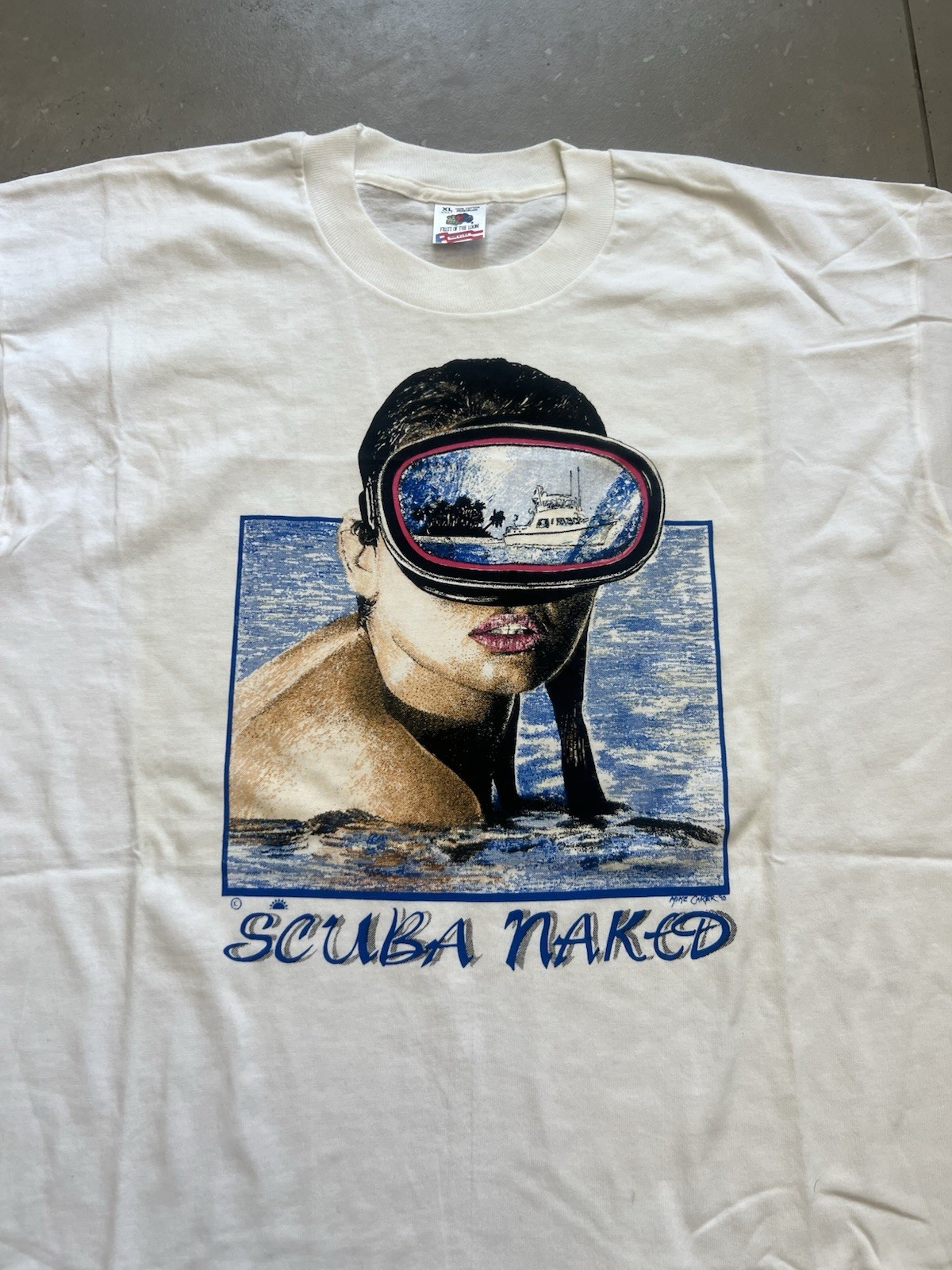 Vintage 90s Scuba Naked Diving Girl Boat Single Stitch Made In USA Tee Shirt XL gallery