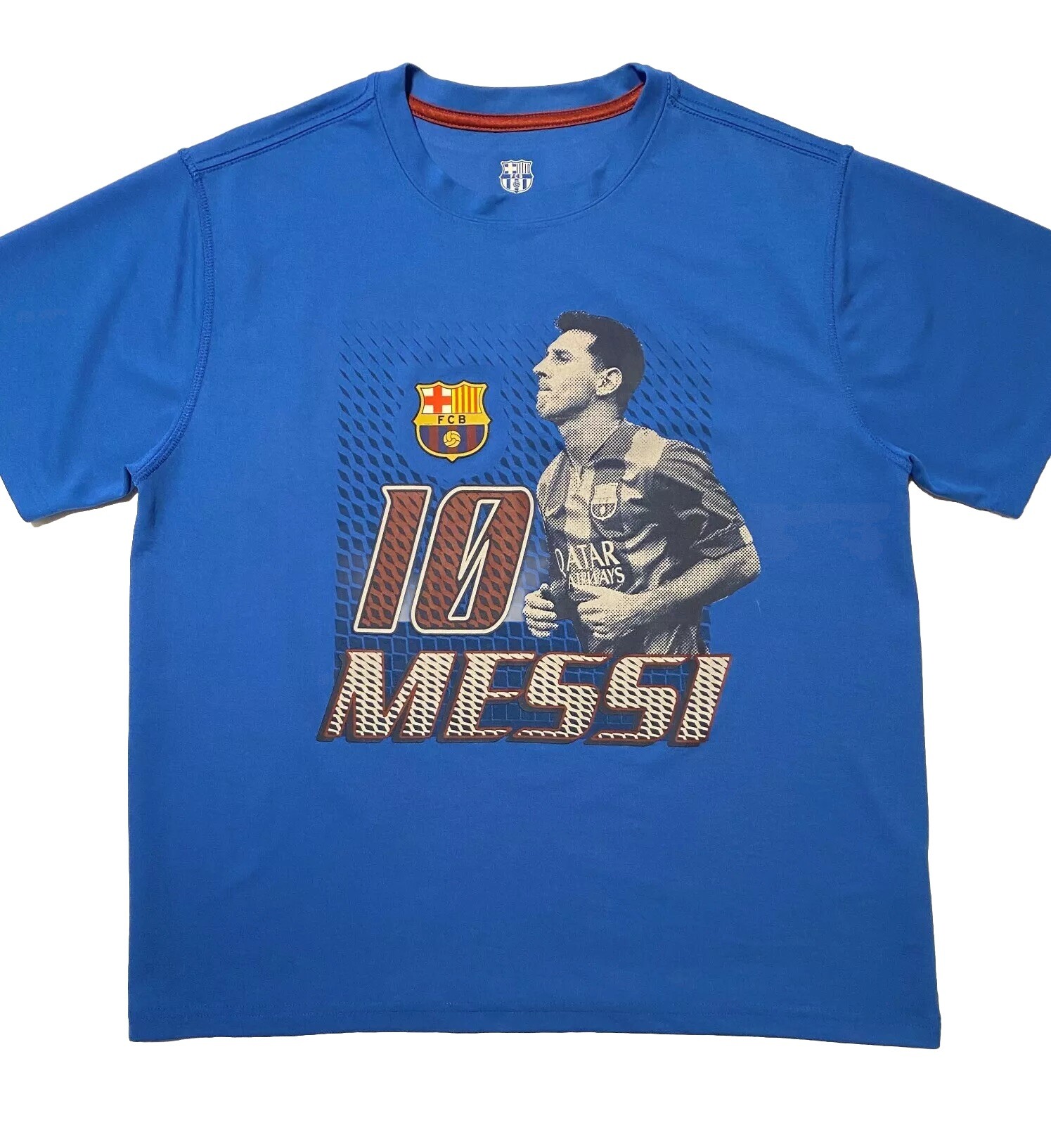 FC Barcelona FCB 10 Messi Blue Men T-Shirt 100%Polyester Sz L Made In Mexico EUC