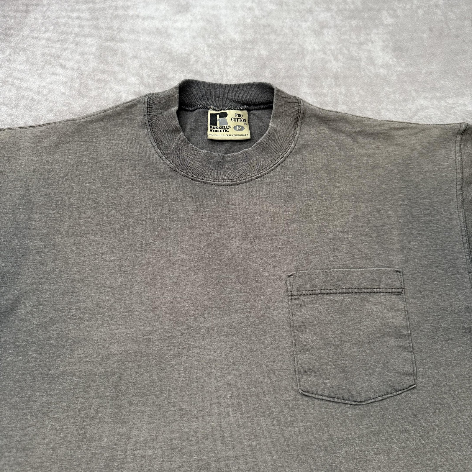 Vintage 90s Russell Athletic Pocket Tee Shirt Mens M Gray Fade Ghost USA gallery