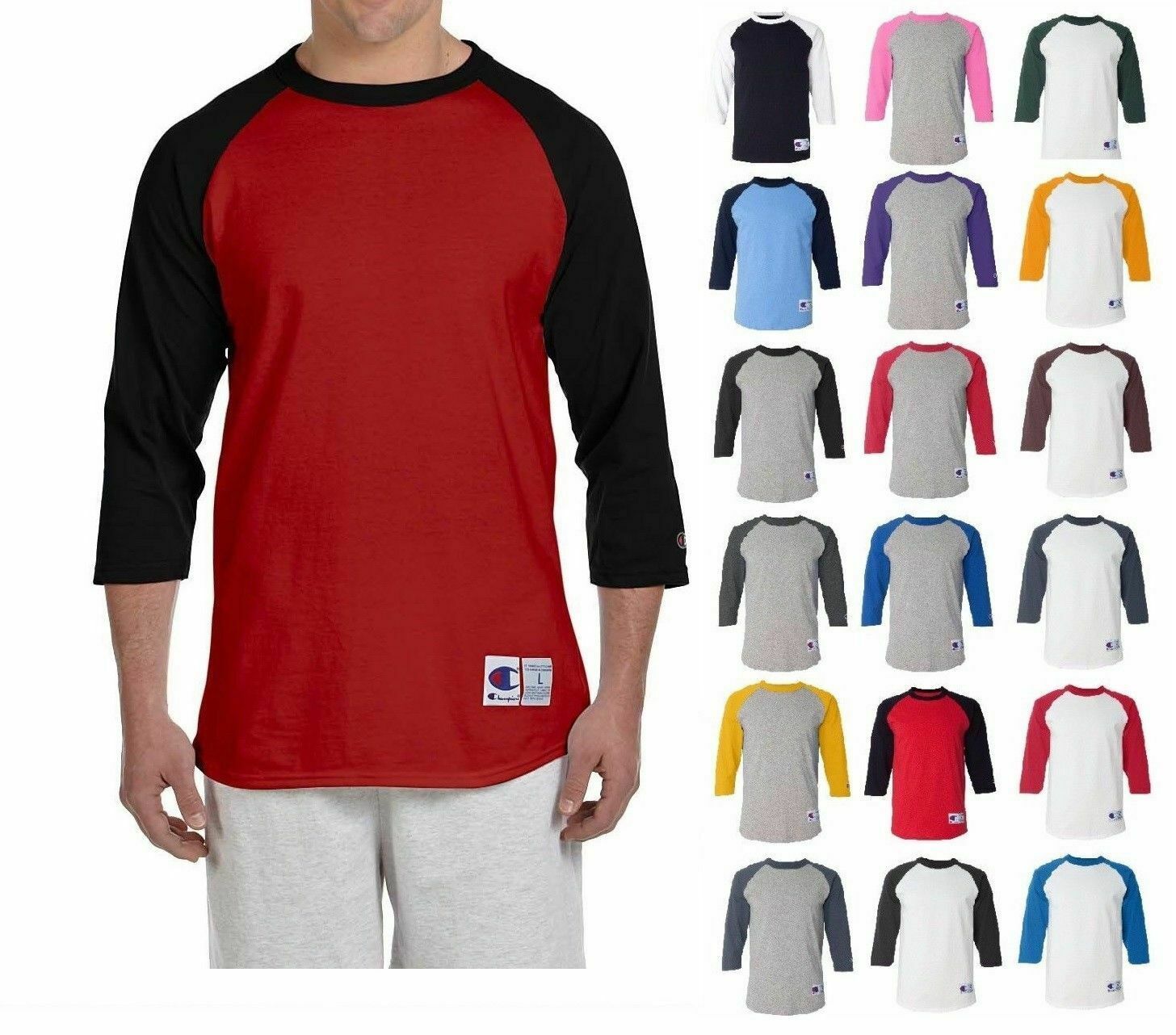 Champion Raglan Baseball Shirt Jersey Mens Tag-less T-Shirt 3/4 Sleeves NEW T137 gallery