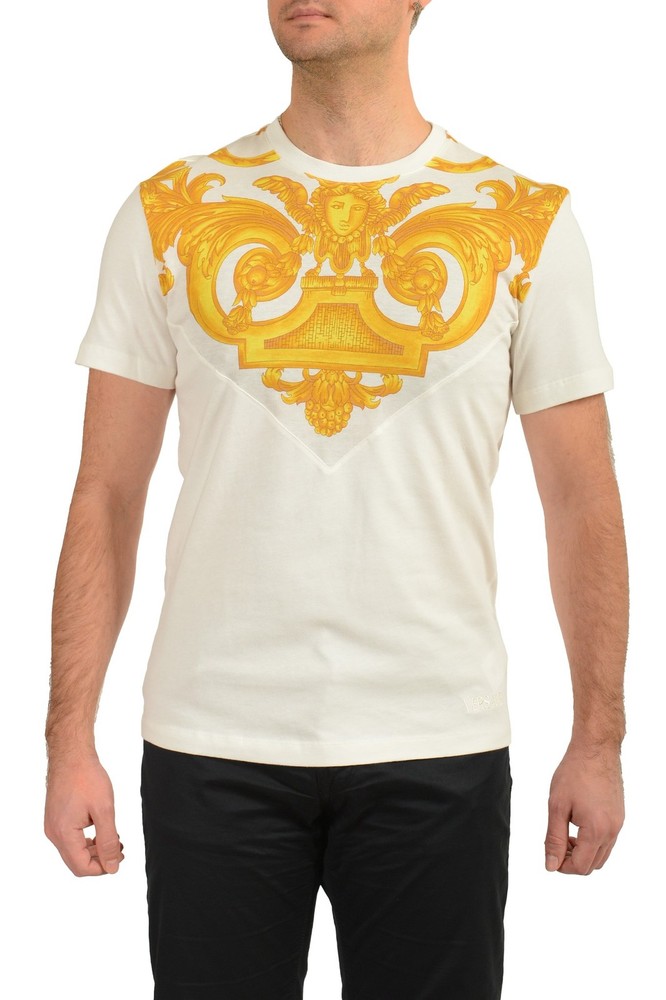 Versace Men’s White & Gold Heritage Logo Print Short Sleeve T-Shirt US S IT 48