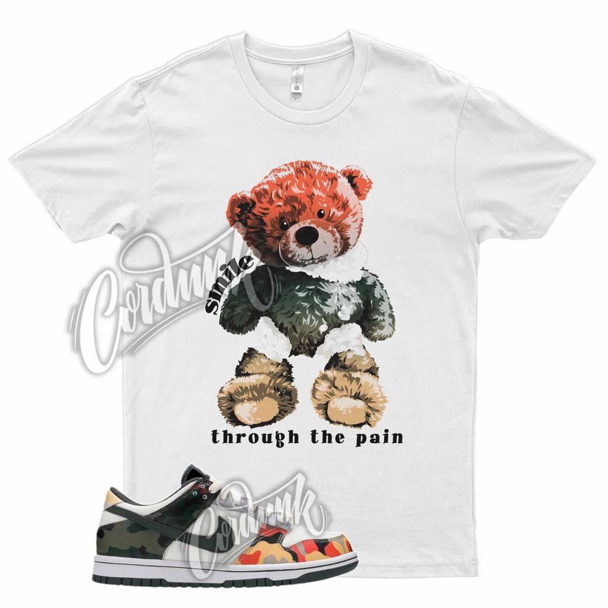 WHT SMILE T Shirt for N Dunk Low Sail Multi Camo Vintage Green Total Orange
