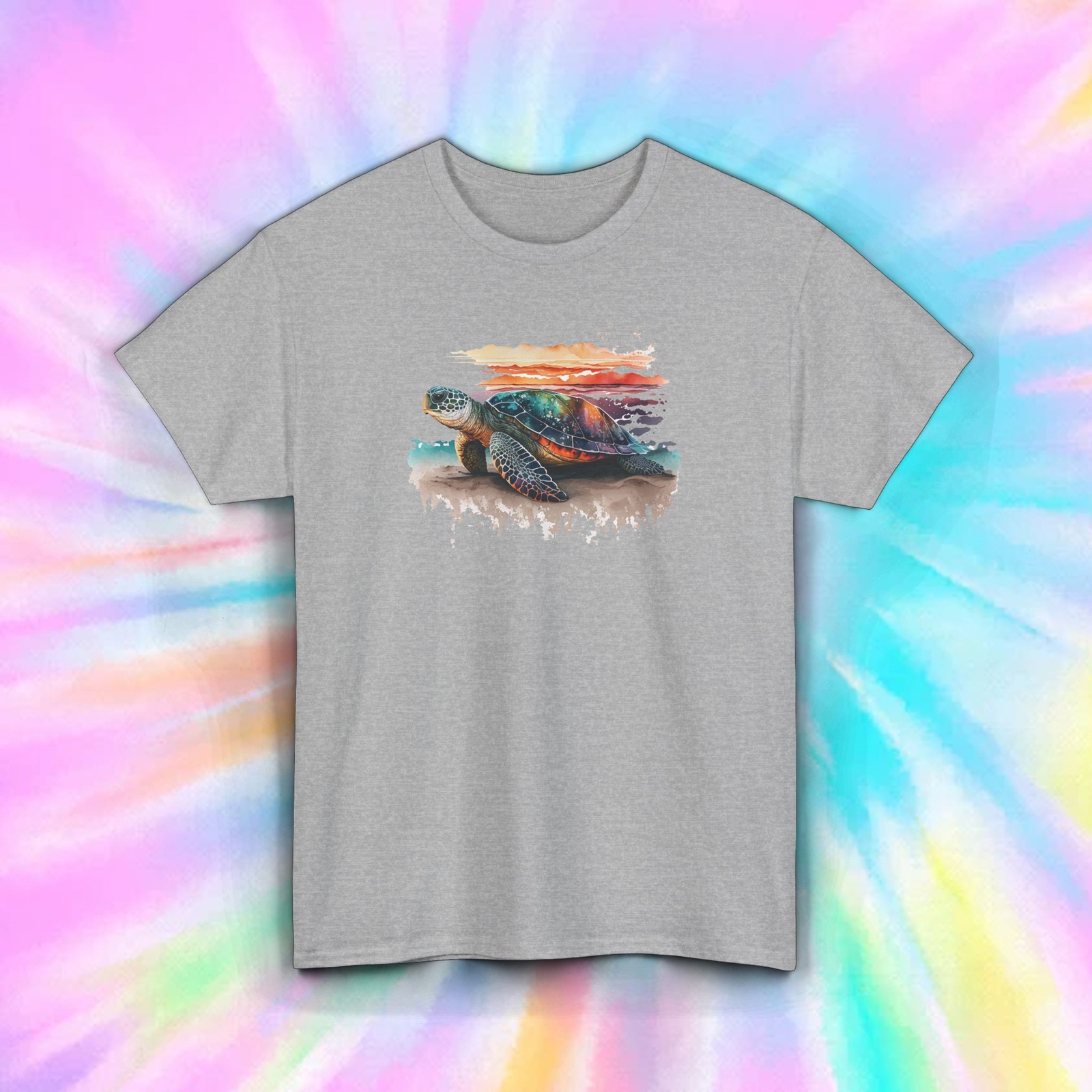 Sea Turtle Beach Sunset T-Shirt Coastal Nature Scenic Art Tee S-5XL