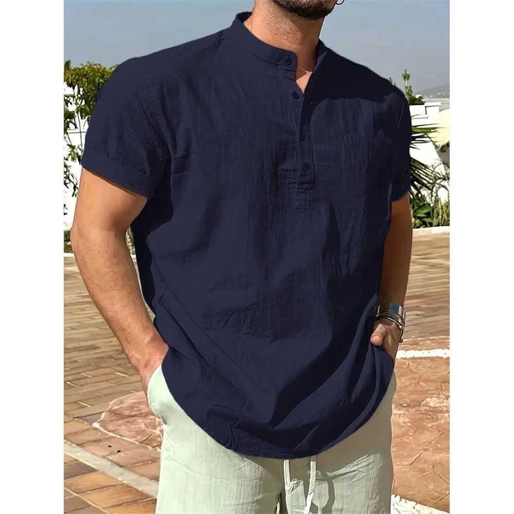 Men's Cotton Linen Henley Shirt Short Sleeve Casual Summer Tee gallery