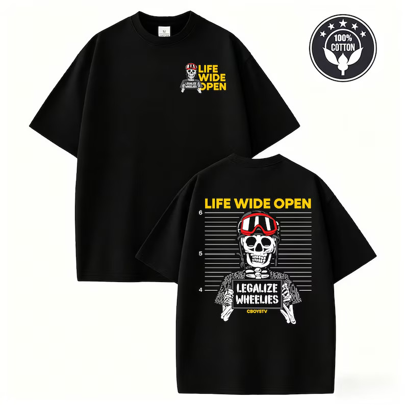 Life Wide Open Skeleton Biker Double Sided Graphic T-Shirt Tee