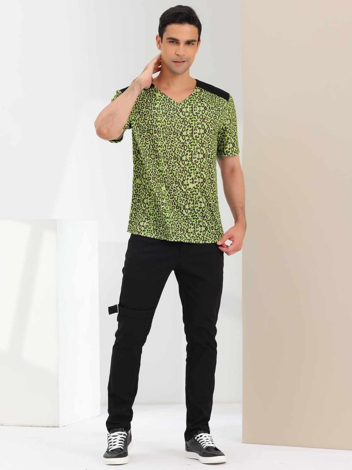 Men's V Neck Animal Print Short Sleeves T-Shirt Tops Green Black S gallery