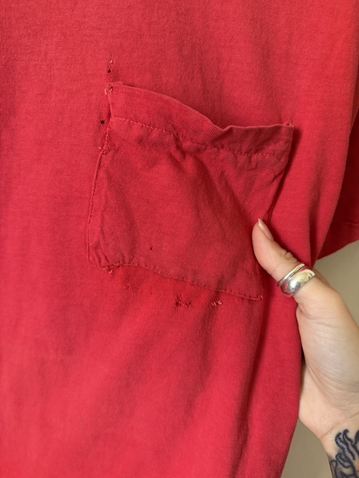 Vintage 80s Selvedge Pocket Shirt XL Blank faded red repairs - see measurements gallery