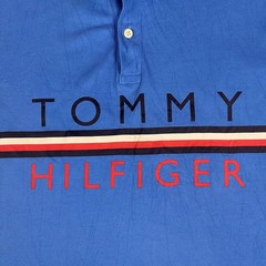 Tommy Hilfiger Blue Logo Stripe Spellout Polo Shirt Custom Fit Casual Tee XL