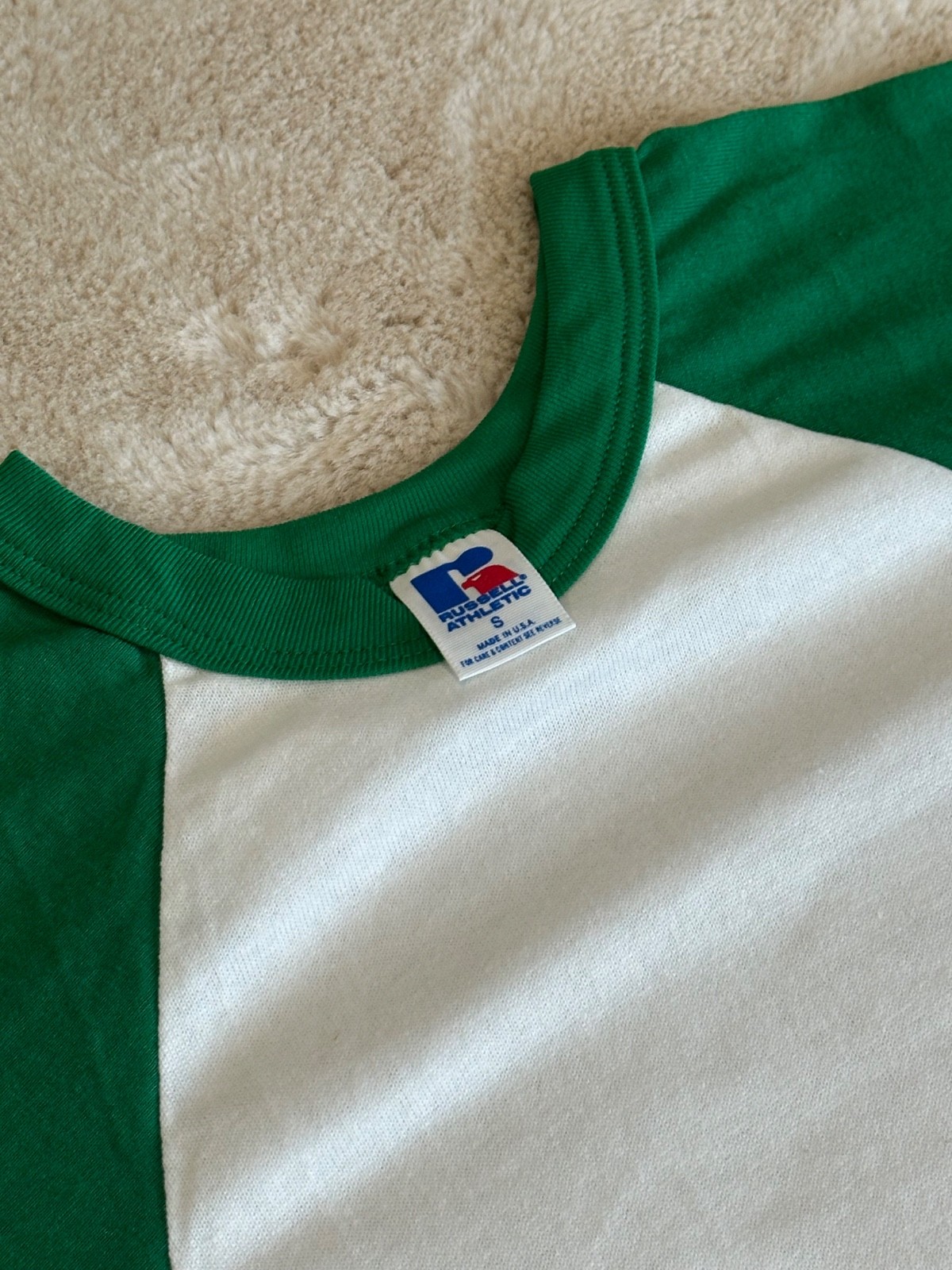 Vintage 90's Russel Athletic Blank White & Green Raglan Single Stitch Shirt S gallery